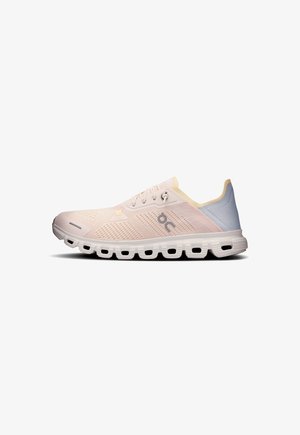 Light pink running shoe with mesh upper, beige accents, and white midsole. Features a unique wavy sole design with cutouts for flexibility.