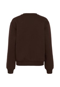 Sweat-shirt marron foncé à manches longues avec col rond, poignets et ourlet côtelés, vu de dos sur fond blanc.