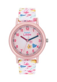Kinderuhr mit einem pinken Metallgehäuse, einem weißen Stoffband mit Blumenmuster und bunten Blumenakzenten auf dem Zifferblatt. Arabische Ziffern angezeigt.