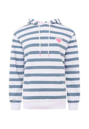 Kapuzenpullover mit blauen und weißen horizontalen Streifen, Fronttasche, weißen Kordeln mit rosa Spitzen und kleinem rosa Herz auf der Brust.
