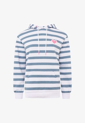 Kapuzenpullover mit blauen und weißen horizontalen Streifen, Fronttasche, weißen Kordeln mit rosa Spitzen und kleinem rosa Herz auf der Brust.