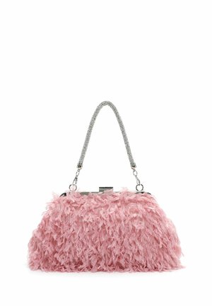 Borsa a mano rosa con piume, manico a catena argentata, forma arrotondata e chiusura in metallo lucido, caratterizzata da piume testurizzate e stratificate.