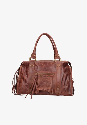 Borsa a tracolla in pelle marrone con doppio manico, tasca con zip e frange decorative. Caratterizzata da hardware in ottone e una finitura texturizzata.