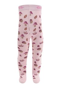 Różowe rajstopy z dzianiny, zdobione wzorem grzybów i liści w odcieniach purpury, brązu i zieleni. Miękka tekstura i dopasowany krój.