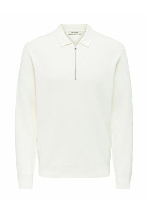 Suéter blanco con cuello con cremallera, textura acanalada, mangas largas y un ajuste holgado, confeccionado en un material suave. Diseño simple y minimalista.