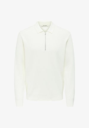 Balts džemperis ar rāvējslēdzēja apkakli, ribotu tekstūru, garām piedurknēm un brīvu piegriezumu, izgatavots no mīksta materiāla. Vienkāršs un minimālists dizains.