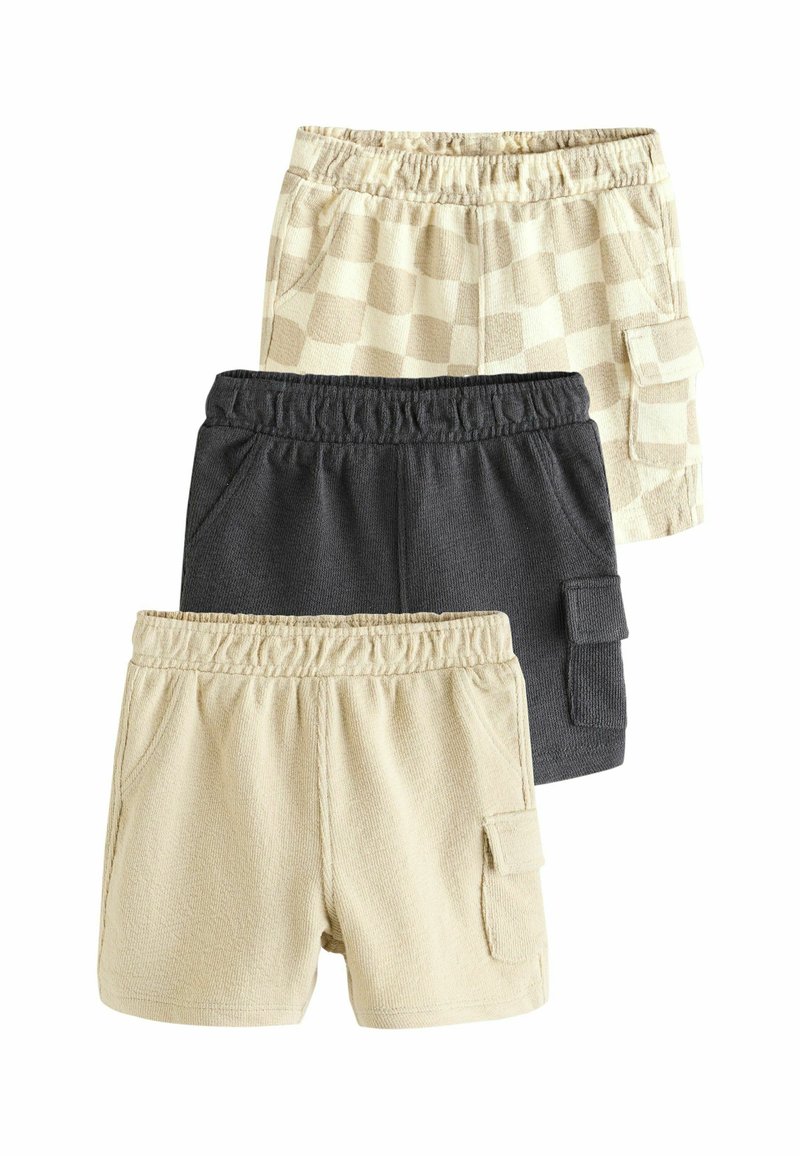 Trois paires de shorts : beige à motif quadrillé, gris foncé et beige clair. Fabriqués à partir d'un matériau doux, dotés de poches et de ceintures élastiques.