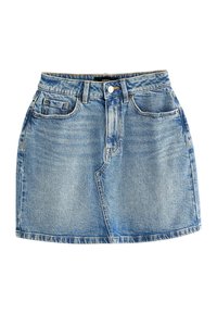 Jeansrock in Hellblau mit klassischem Fünf-Taschen-Design, Gürtelschlaufen und fransensaum. Hergestellt aus robustem Baumwollmaterial.