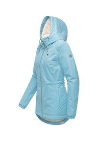 Light blue hooded jacket with a front zipper, drawstring hood, and soft lining. Features elastic cuffs and a slightly longer back.