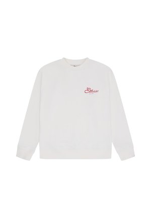 Witte trui met lange mouwen, ronde hals en klein rood Ellesse-logo op de linker bovenkant van de borst.