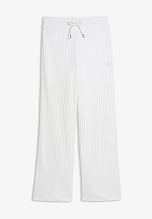 Białe, prążkowane, szerokie spodnie dzianinowe z elastycznym paskiem i ściągaczem, z subtelnym logo Puma na górnej części uda.