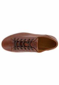 Brown leather sneaker with a rounded toe, brown laces, and white rubber sole. Interior features light tan lining. Simple design.