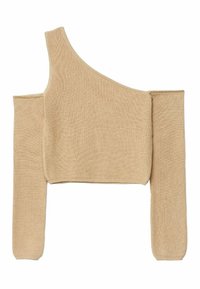 Asymmetrische beige cropped trui met één blote schouder, lange mouwen en geribbelde textuur. Zacht breimateriaal, casual ontwerp.