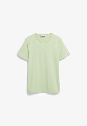 Hellgrünes T-Shirt mit kurzen Ärmeln aus weichem Stoff. Es hat einen runden Ausschnitt und einen geraden Schnitt ohne sichtbare Muster oder Akzente.