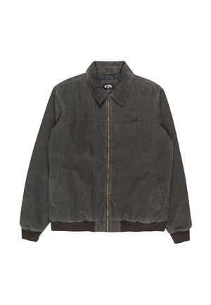 Veste en velours côtelé vert foncé avec fermeture éclair, deux poches latérales, un col et des poignets et un ourlet côtelés. Tissu texturé avec des rayures verticales.