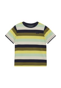 Kortärmad t-shirt med horisontella ränder i marinblått, olivgrön, ljusgrön och krämfärg, med rund hals och textdetalj "LE VARA MER".