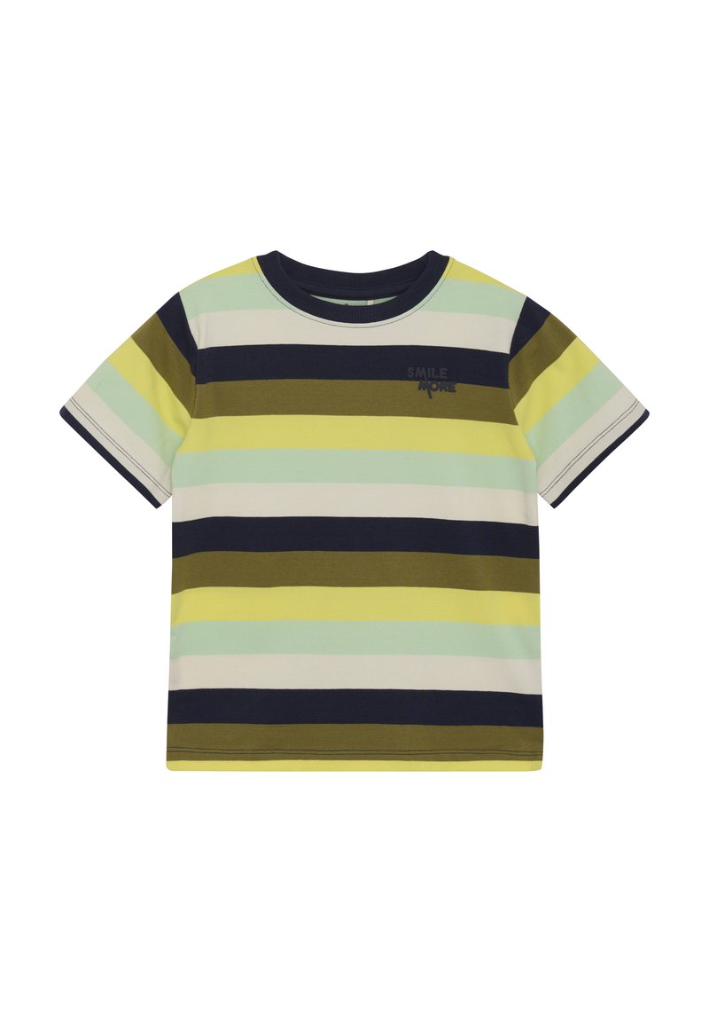 Kortärmad t-shirt med horisontella ränder i marinblått, olivgrön, ljusgrön och krämfärg, med rund hals och textdetalj "LE VARA MER".