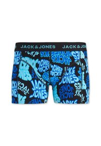 Boxers pour hommes noirs avec un imprimé graphique bleu et turquoise de la marque "JACK & JONES". Tissu doux avec une taille élastique.