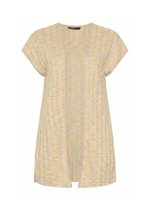 Kortemouwen cardigan met open voorkant in pastelgeel, roze en groen met een lichtgewicht gebreide textuur.