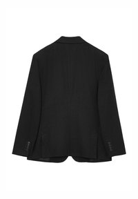 Black suit jacket with notched lapel, textured fabric, two side pockets, and buttoned cuffs. Simple, structured back design.