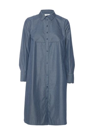 Abito camicia a maniche lunghe con bottoni, con sottili righe verticali blu navy e grigio e colletto appuntito.