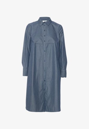 Robe-chemise à manches longues avec boutons, fines rayures verticales bleu marine et grises, col pointu.