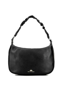 Czarna skórzana torebka o gładkiej fakturze, z twisted strap i złotymi detalami logo. Kompaktowy, prostokątny kształt z zaokrąglonymi krawędziami.