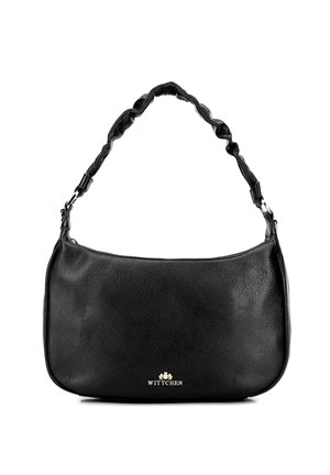 Czarna skórzana torebka o gładkiej fakturze, z twisted strap i złotymi detalami logo. Kompaktowy, prostokątny kształt z zaokrąglonymi krawędziami.