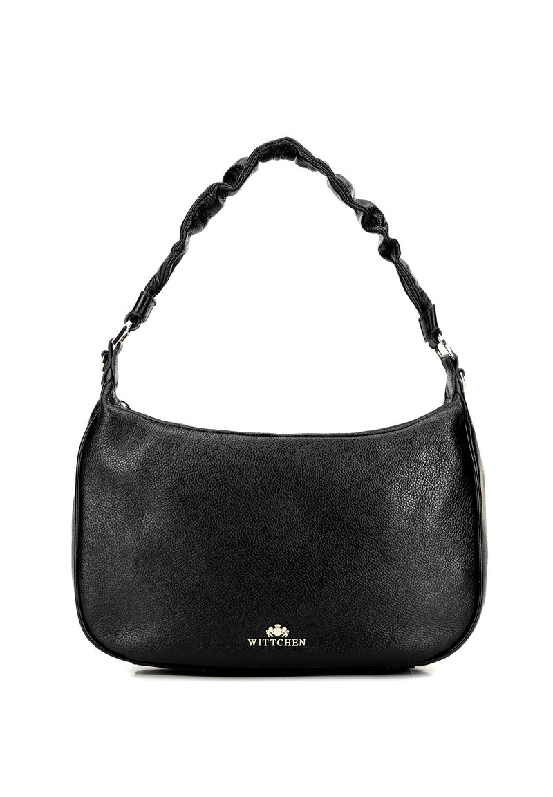 Czarna skórzana torebka o gładkiej fakturze, z twisted strap i złotymi detalami logo. Kompaktowy, prostokątny kształt z zaokrąglonymi krawędziami.