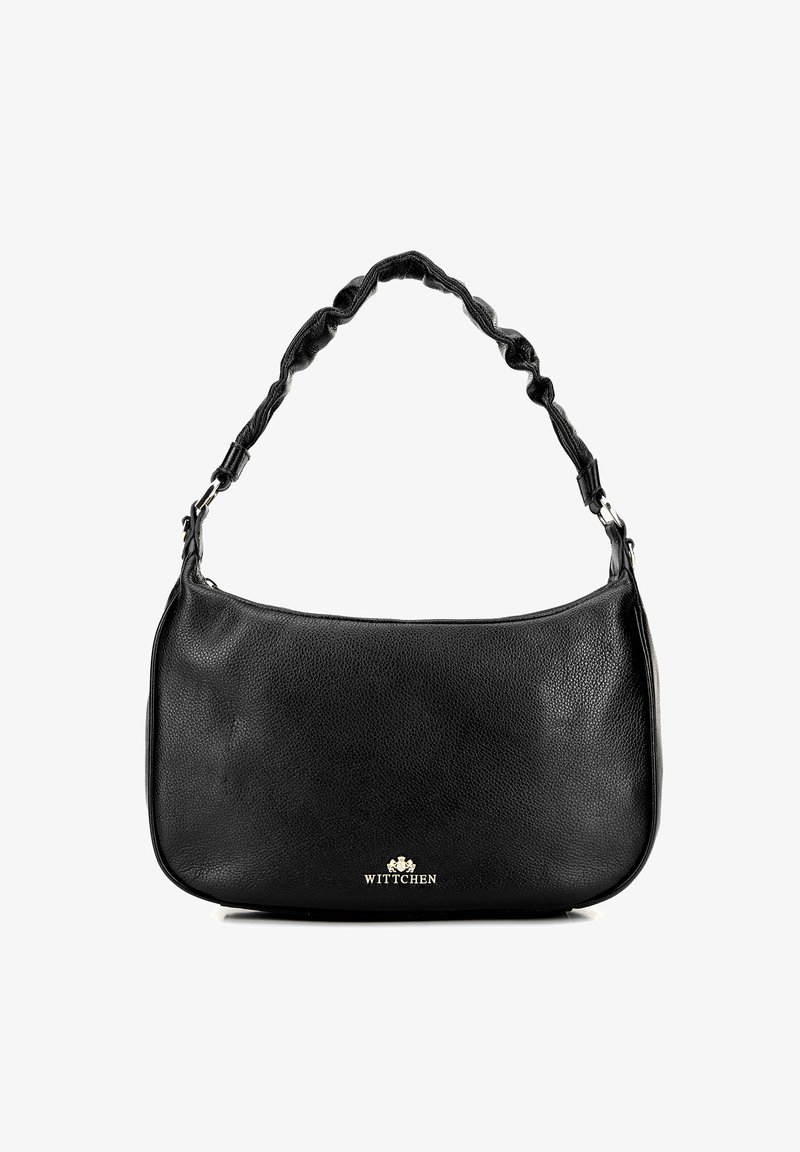 Czarna skórzana torebka o gładkiej fakturze, z twisted strap i złotymi detalami logo. Kompaktowy, prostokątny kształt z zaokrąglonymi krawędziami.