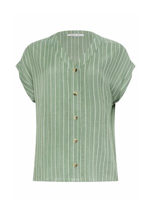 Zielona bluzka z krótkim rękawem w pionowe białe paski, z dekoltem w serek i pięcioma drewnianymi guzikami z przodu.