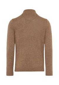 Brauner, gerippter Rollkragenspullover mit langen Ärmeln; aus strukturiertem Strickmaterial mit subtilen Sprenkeln in dunkleren Farbtönen gefertigt.