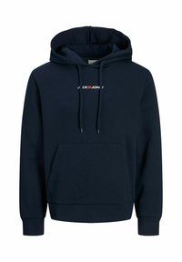 Navy blue hoodie made of soft fabric, featuring a front pocket, a drawstring hood, and white logo text across the chest.