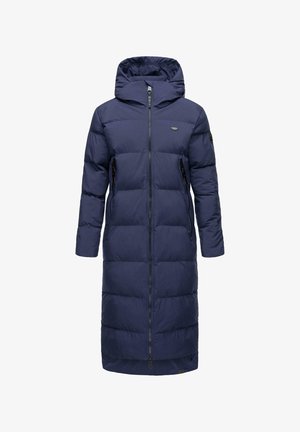 Palton lung de puf de culoare albastru închis, cu glugă, având un fermoar frontal complet și două buzunare laterale. Design cu matlasare orizontală și țesătură rezistentă.