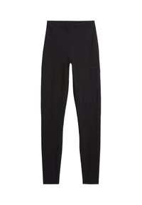 Leggings noirs taille haute longueur totale avec des détails de coutures le long des jambes, conçus pour un usage sportif ou décontracté.
