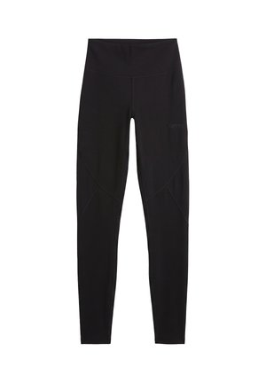 Fekete, magas derekú, teljes hosszúságú leggings varrási részletekkel a lábak mentén, atlétikai vagy hétköznapi viseletre tervezve.