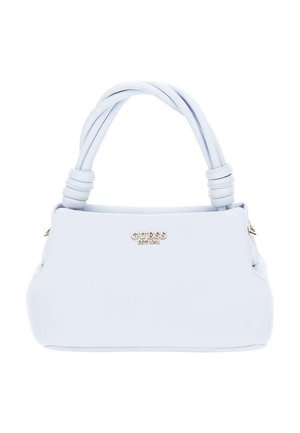 Borsa a mano di colore azzurro chiaro, realizzata in materiale morbido, con doppi manici intrecciati e un accento in oro con logo nella parte anteriore. Forma compatta e arrotondata.