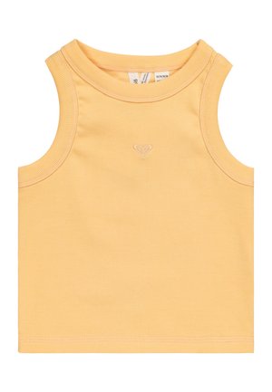 Débardeur en coton jaune sans manches avec texture côtelée, encolure ronde et petit logo de cœur brodé centré sur le devant.