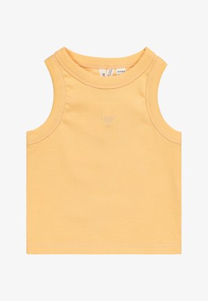 Gelbes ärmelloses Baumwolltanktop mit gerippter Textur, rundem Ausschnitt und kleinem, gesticktem Herzlogo in der Mitte der Vorderseite.
