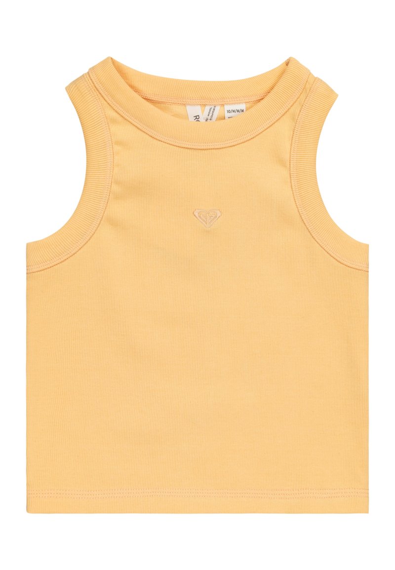 Camiseta sin mangas de algodón amarilla con textura acanalada, escote redondo y pequeño logo de corazón bordado centrado en la parte delantera.