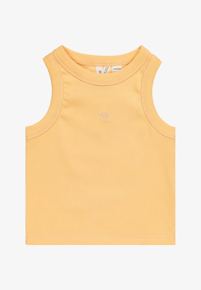 Žlutý bezrukávový bavlněný top s žebrovanou texturou, kulatým výstřihem a malým vyšitým logem srdce umístěným ve středu přední části.