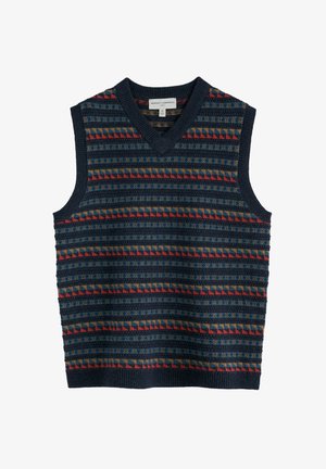 Maglione senza maniche lavorato a maglia con base blu navy e motivi geometrici multicolori in rosso, oro e teal. Design con scollo a V.