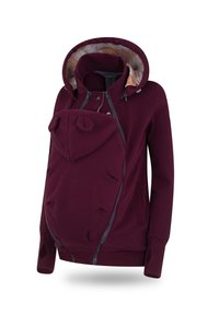 Felpa premaman in un intenso bordeaux scuro, con chiusura a zip, due tasche laterali e una tasca frontale staccabile con orecchie e foderatura del cappuccio con motivo floreale.