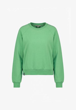 Grünes Sweatshirt mit langen Ärmeln und Rundhalsausschnitt, mit gerippten Bündchen an Ärmel und Saum, vor weißem Hintergrund dargestellt.