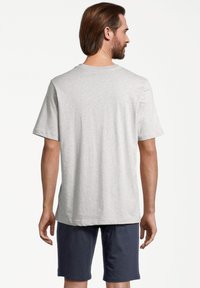 Grå kortærmet t-shirt lavet af bomuld, med rund hals, og en glat tekstur. Sammen med mørkeblå shorts, set bagfra.