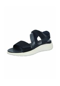 Schwarze Sandalen mit einem Obermaterial aus Wildleder und Leder, ausgestattet mit zwei verstellbaren Riemen, einer gepolsterten Sohle und einer weißen Gummisohle.