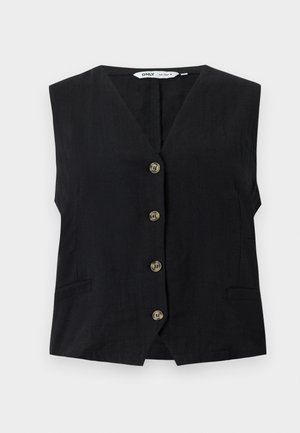 Sort ermeløs vest med V-hals og fire brune knapper foran, med to små sidelommer med spalter.