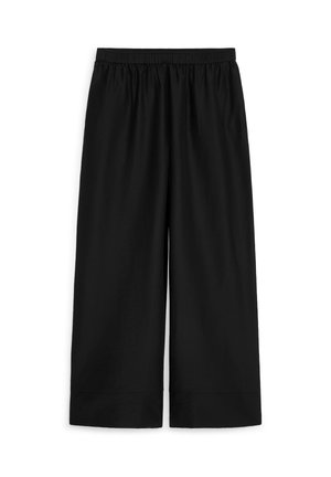 Pantalones negros de pierna ancha con cintura elástica y dobladillos remangados, extendidos sobre un fondo blanco.