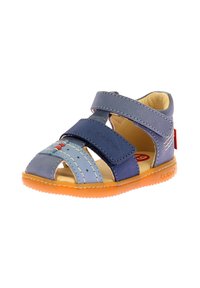 Sandal in pelle blu con doppie strisce Velcro, punta aperta e dettagli cuciti. Suola arancione flessibile con un motivo testurizzato per una buona aderenza.