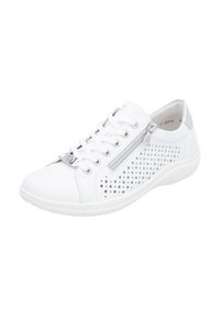 White perforated sneakers with laces and side zipper, featuring a smooth leather upper, rubber sole, and subtle gray accents on the heel.